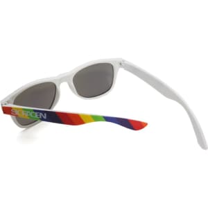 Rainbow adult sunglasses with white frames and grey lenses, featuring a multicoloured striped design on the side.