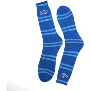 Customised striped socks in shades of blue, featuring a logo.
