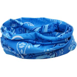 A blue custom multifunctional neck gaiter with a patterned design, featuring a logo.