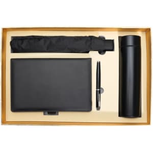 A black notebook, black pen, and black drink bottle in a gift box set, featuring a branded logo.