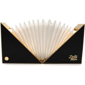 A folding book light in black and gold, featuring a unique pleated design and a logo on the front.