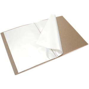 A wheat straw file folder in a natural brown colour with a transparent inner pocket and visible branding.