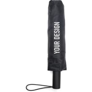 A black portable automatic folding umbrella with a handle and a covering, featuring a branding logo.