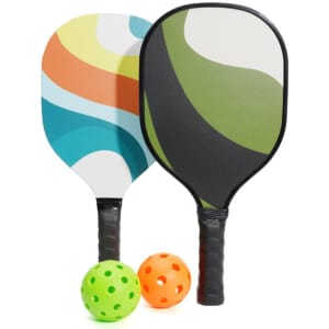 A set of two long handle pickleball paddles in vibrant patterns, accompanied by one green and one orange ball.
