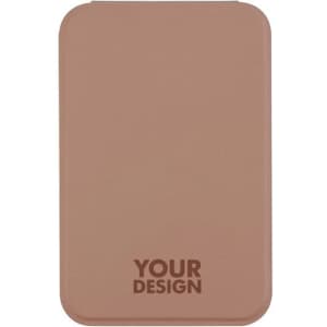 A portable folding mirror in a soft pink hue, featuring a logo on the bottom. Ideal for home use.