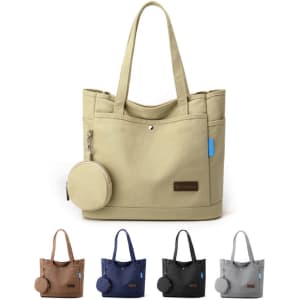 A casual women’s canvas tote bag in beige, featuring a round zip pouch and available in four additional colours: brown, navy, black, and grey.