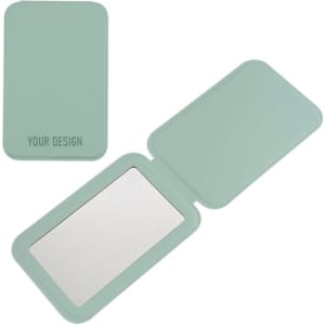 A mint green PU folding makeup mirror with a smooth finish and a reflective surface inside. It has a logo space.