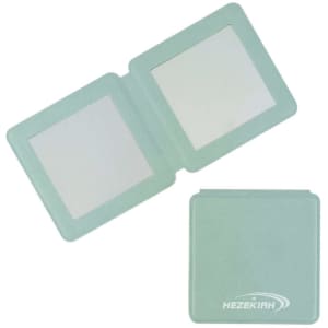 A mint green magnetic mini travel makeup mirror with dual reflective sides. It has a branding logo on the surface.