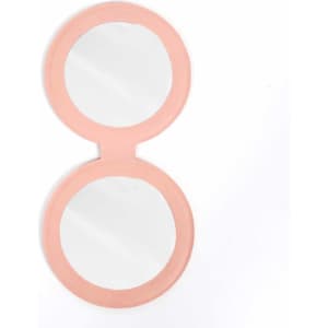 A pink PU mini pocket makeup mirror with two circular mirrors side by side.