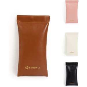 A set of four sunglasses storage bags in brown, pink, white, and black, featuring a logo on each bag.