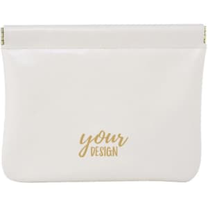 A small, cream-coloured travel makeup bag with a zip closure and a logo.