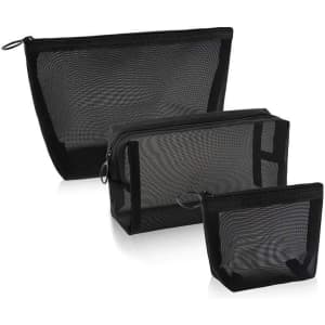 A set of three black mesh cosmetic bags in varying sizes, featuring zippers and transparent panels.