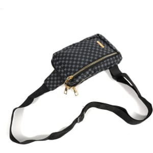 A black and grey checkered PU leather chest pack with a zippered compartment and an adjustable strap.