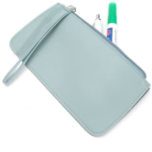 A light blue double layer wallet with a zip closure and a strap, featuring pens partially visible inside.
