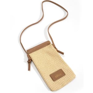 A PU leather braided mobile phone bag in beige and brown with a strap and a logo.