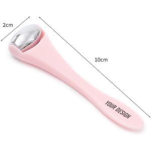 A pink facial massage stick with a silver roller head, measuring 10cm in length and 2cm at its widest point.