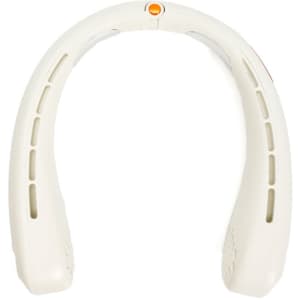 A portable neck fan in white, featuring ventilation holes and a button, with an emblem present.