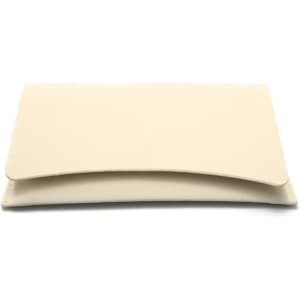 A cream hard shell eyeglasses case with a smooth finish and a curved flap design. Features a logo on the surface.