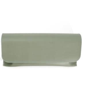 A PU flip top glasses case in a soft green colour with a sleek, minimalist design and a logo.