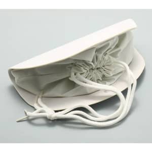 A glasses case with a drawstring, featuring a light grey fabric interior and a smooth white exterior.