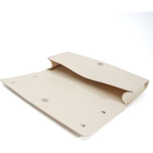 A beige spectacle case with a mirror inside, featuring snap closures and a simple design.