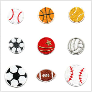 A collection of nine self-adhesive cloth embroidery patches featuring various sports balls in vibrant colours.