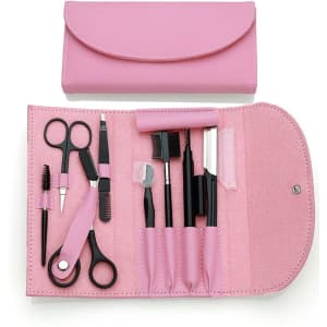 A pink eyebrow trimmer kit featuring various grooming tools and a matching case with a logo.
