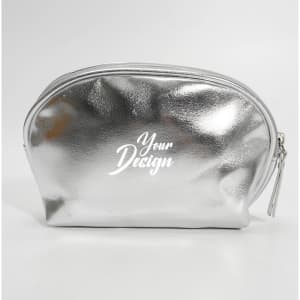 A shell-shaped zipper makeup bag in shiny silver with a branding logo on the front.