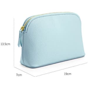 A light blue, lightweight makeup organiser bag with a gold zipper, featuring a textured exterior.