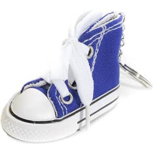 A blue canvas sneaker keychain featuring white laces and a keyring attachment.