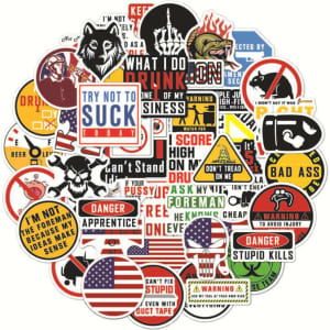 A collection of various stickers in vibrant colours featuring humorous and warning designs, including symbols and text.