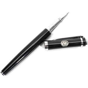 A glossy black ballpoint pen with a detachable cap and a logo on the clip.