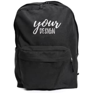 A black polyester backpack featuring a front pocket and a logo design. Ideal for casual use.