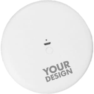 A round white folding vanity compact mirror featuring a light and space for branding.