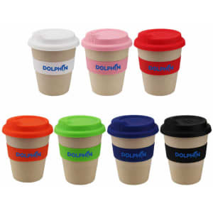 A set of eight 8 oz. bamboo fibre coffee cups in various colours, each with a matching lid and sleeve, featuring a logo.