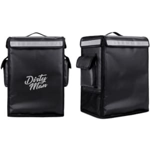 A black insulated food delivery backpack with reflective strips and a side pocket, featuring a logo on one side.