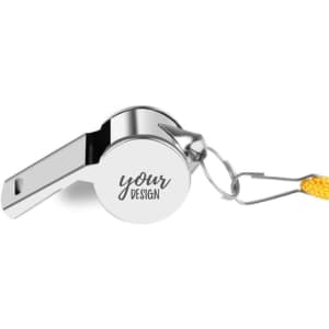 A silver sports whistle with a lanyard, featuring a circular design section for custom branding.