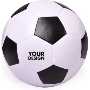 A toddler soft football featuring a classic black and white hexagon pattern and a logo area.