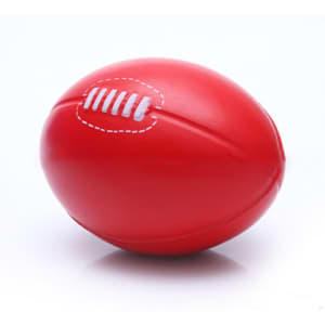 A red PU stress football with textured stitching details, designed for fun and relaxation.
