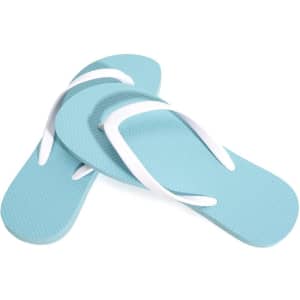 A pair of light blue rubber flip flops with white PVC straps, featuring a textured footbed.