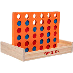 A Connect Four game featuring an orange grid with blue and red discs, set in a wooden frame.