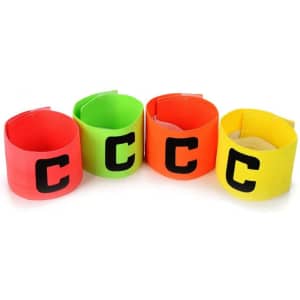 A set of four elastic polyester armbands in pink, green, orange, and yellow, each featuring a black letter 'C'.