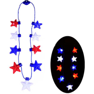 A light-up necklace featuring red, white, and blue star-shaped pieces connected by a blue string.