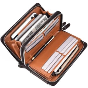 A large capacity wallet with a long double zipper, featuring a brown interior and various card slots and compartments.