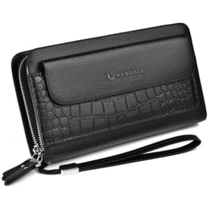 A large black wallet featuring a long double zipper and a textured design, complete with a wrist strap and logo.