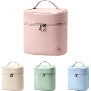 A foldable barrel toiletry bag in pink, green, beige, and blue, featuring a zip closure and a handle.