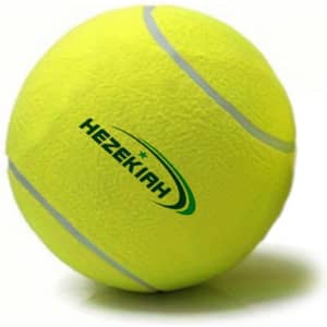A bright yellow training tennis ball featuring a logo. The ball has a textured surface and white stripes.