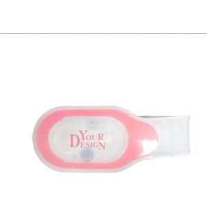 A pink multi-function clip-on magnetic LED light with a clear casing and a logo.
