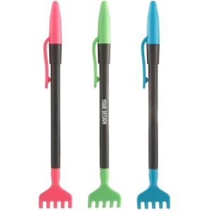 A set of three pens in pink, green, and blue, featuring a unique rake-shaped tip and a black barrel with a logo.