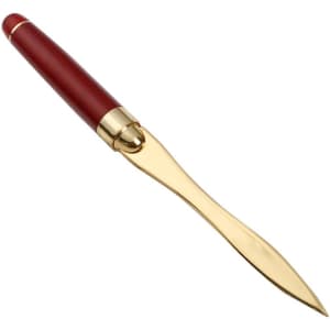 A wood handle letter opener with a burgundy handle and gold-tone blade, featuring a logo on the handle.